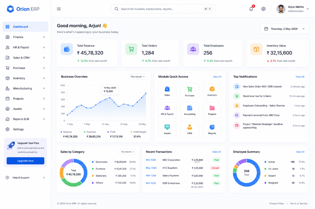 Orion Enterprise ERP Dashboard